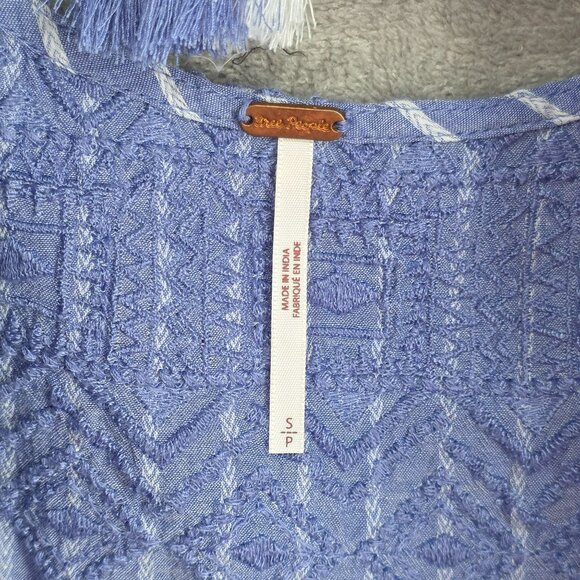 Free People Lola Embroidered Mini Dress S Blue White Stripes Cutout Back Tassels - Picture 3 of 14